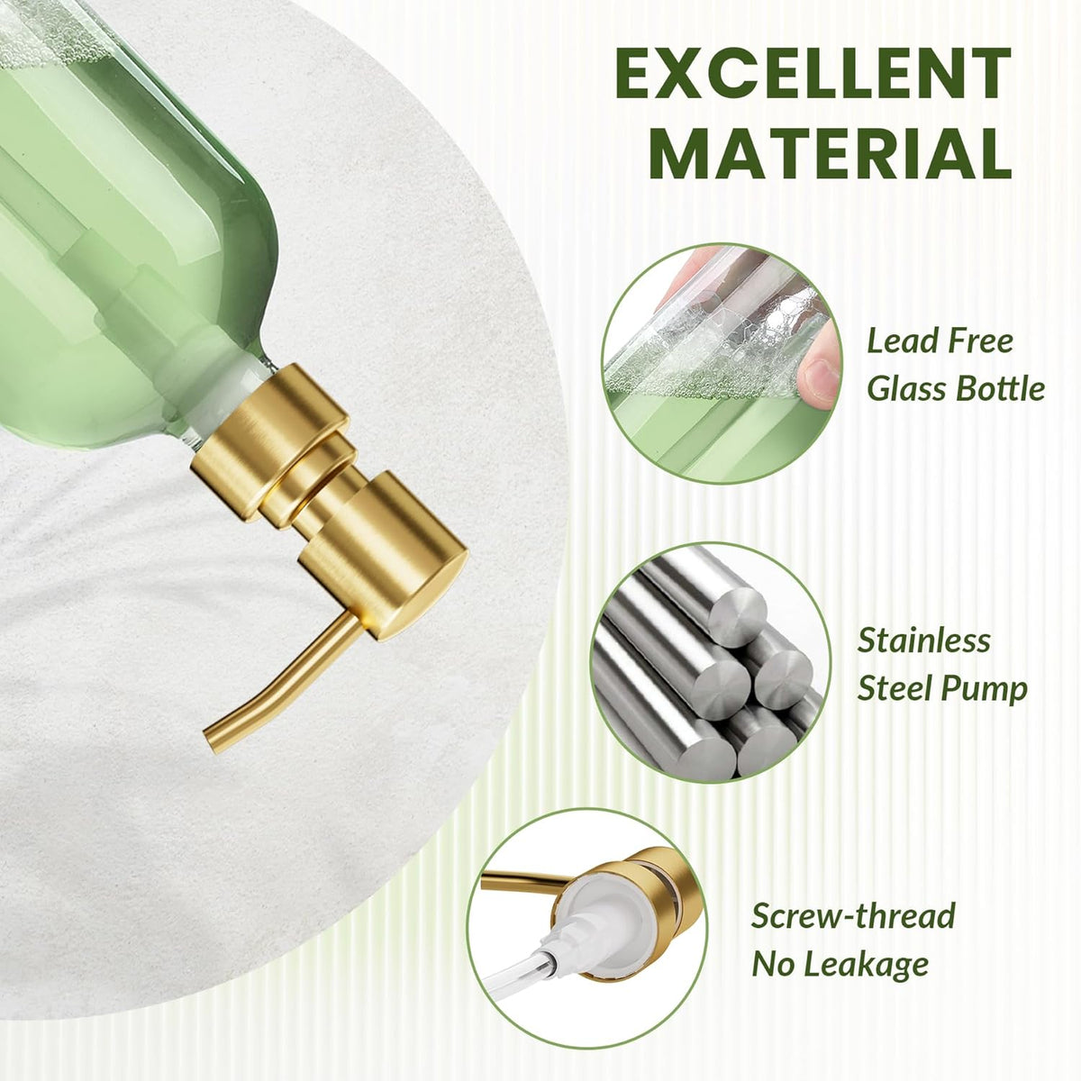 AmazerBath Soap Dispenser, 2 Pack Glass Soap Dispenser with Pump Stainless Steel, 17 Oz Clear Gold