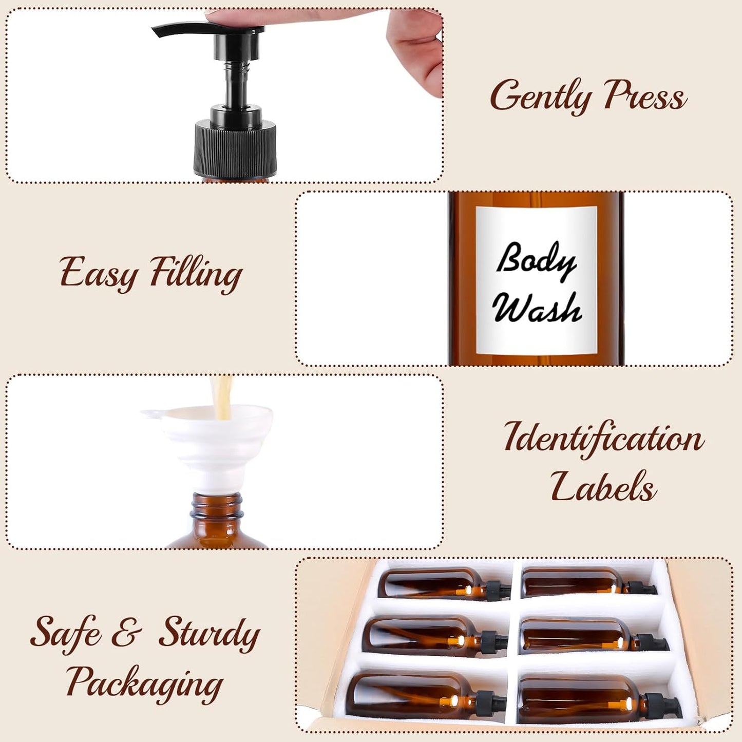 12 Pack Amber Glass Bottles 16oz with Pump Dispensers, Refillable Empty Pump Bottles for Bathroom