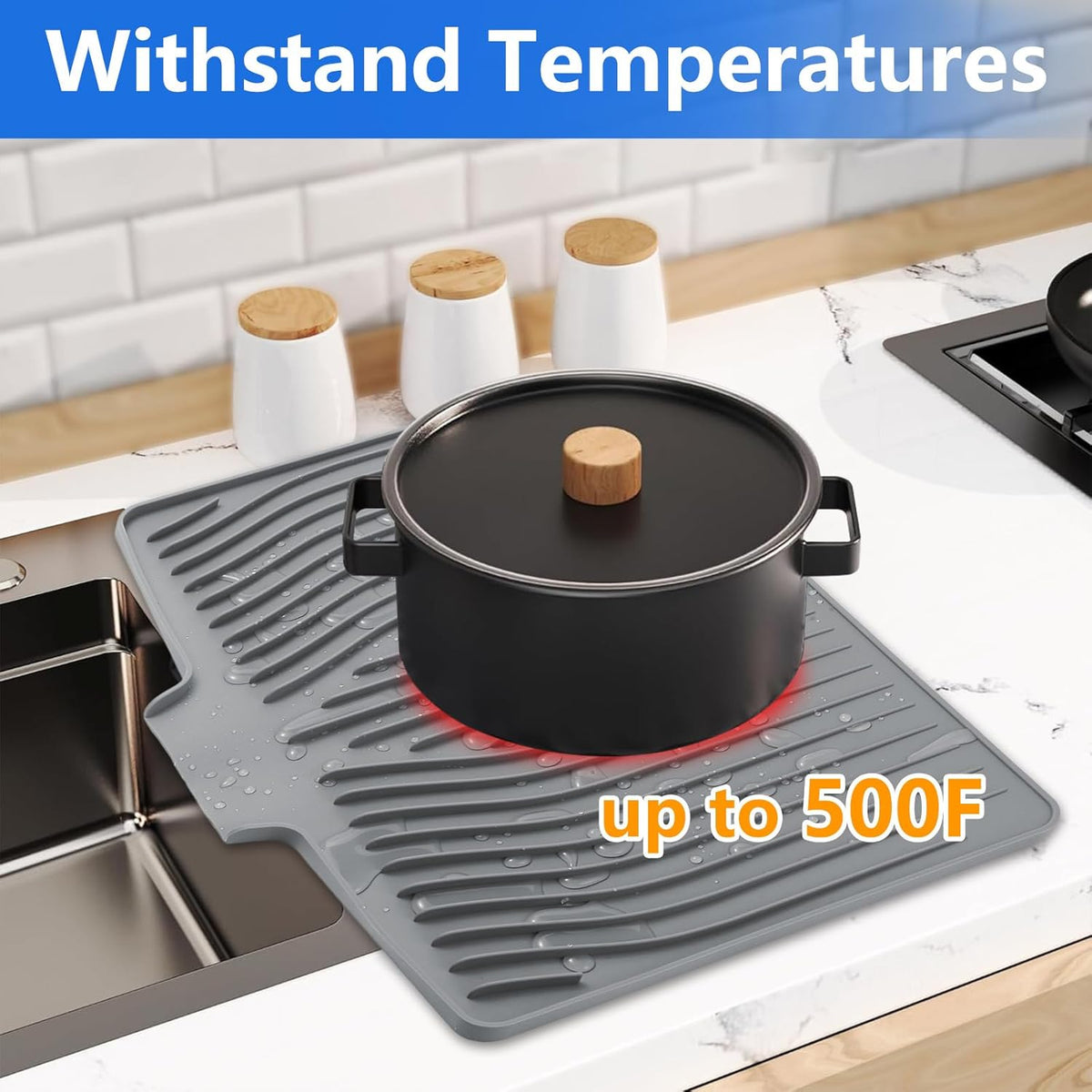 Silicone Dish Drying Mat for Kitchen Counter, Dish Drainer Mat, Non-Slip Drying Pad with Built-in