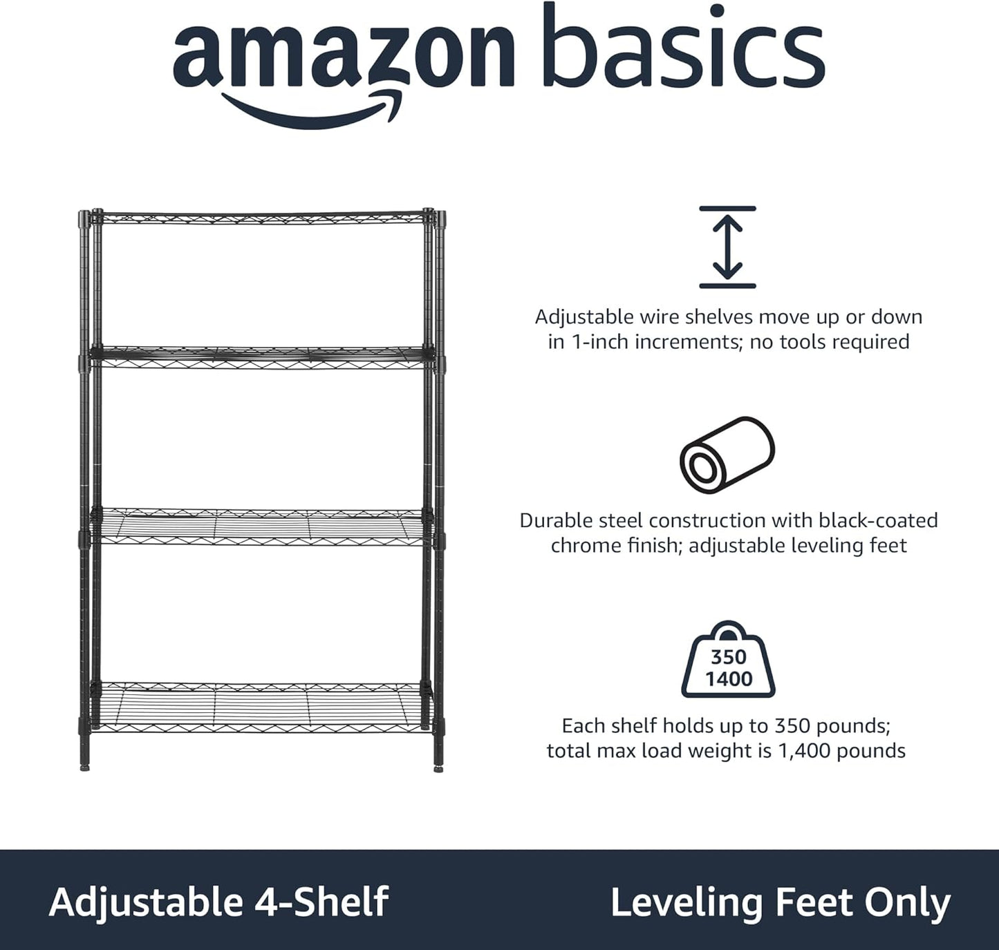 Amazon Basics 4-Shelf Adjustable Heavy Duty Steel Wire Rack Storage Shelving Organizer for Kitchen