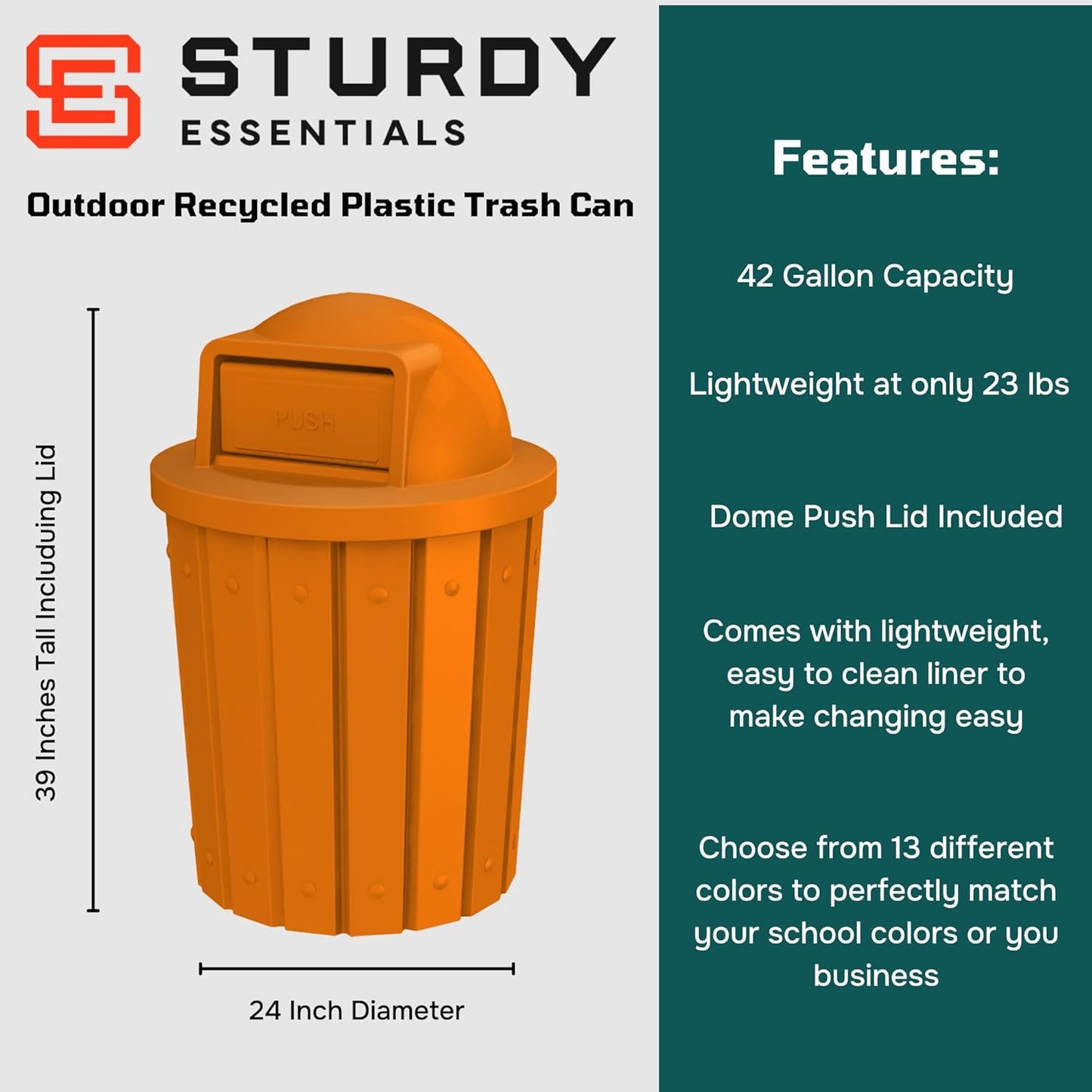 42 Gallon Slatted Circle 100% Recycled Plastic Commercial Outdoor and Indoor Trash Can with Push