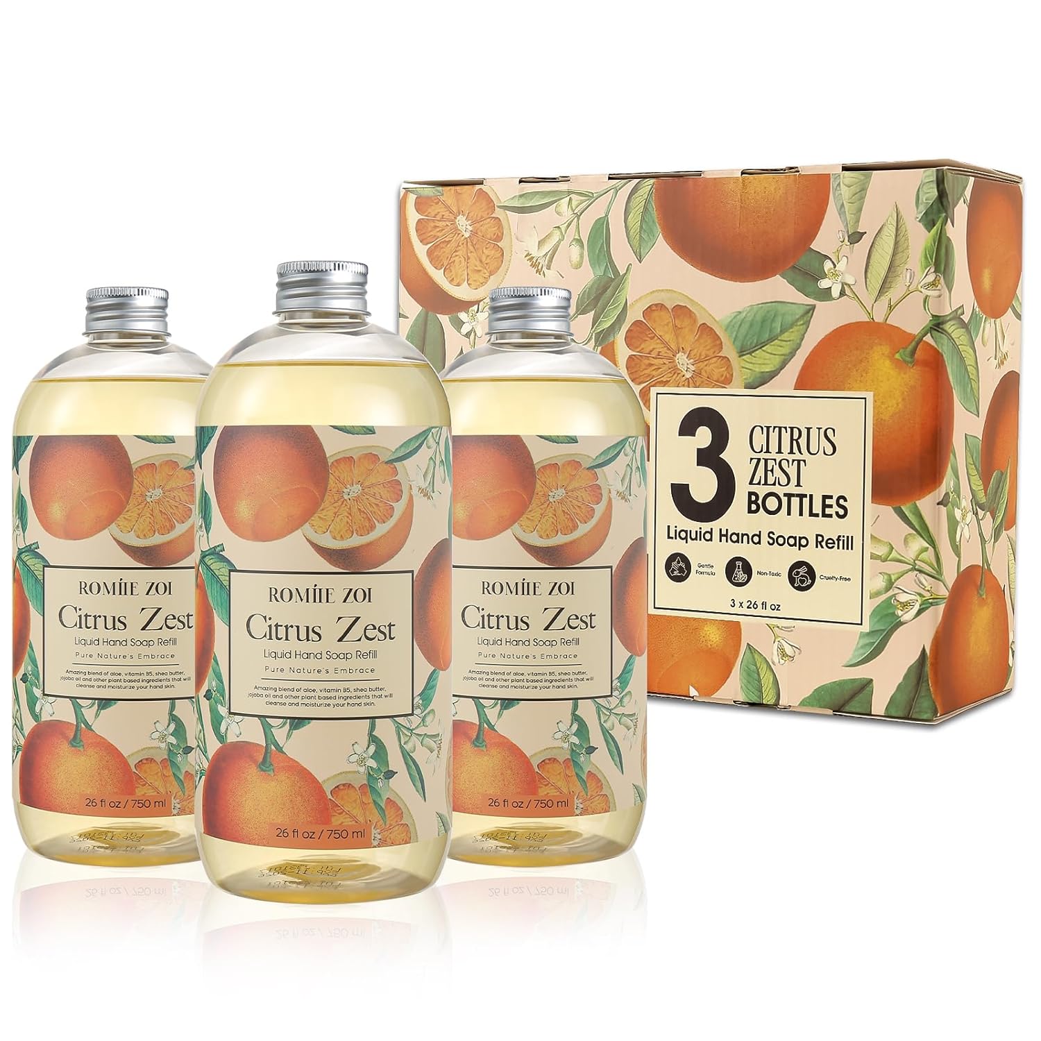 ROMIIE ZOI Liquid Hand Soap Refill Gift Set – 3 Pack (26 Fl Oz Each), Citrus Zest Scent
