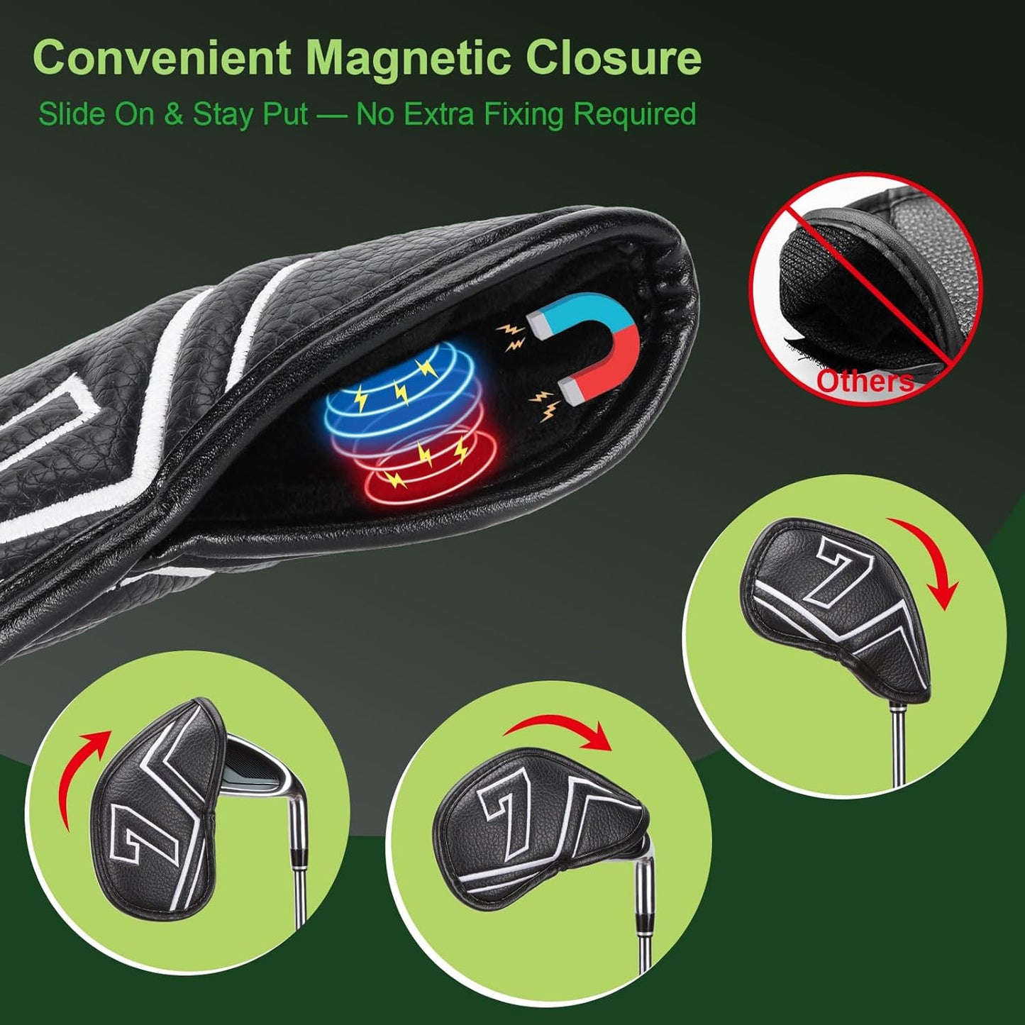 Welspo Magnetic Leather Golf Iron Head Covers 11 Pack Synthetic Leather Club Headcover, Embroidered