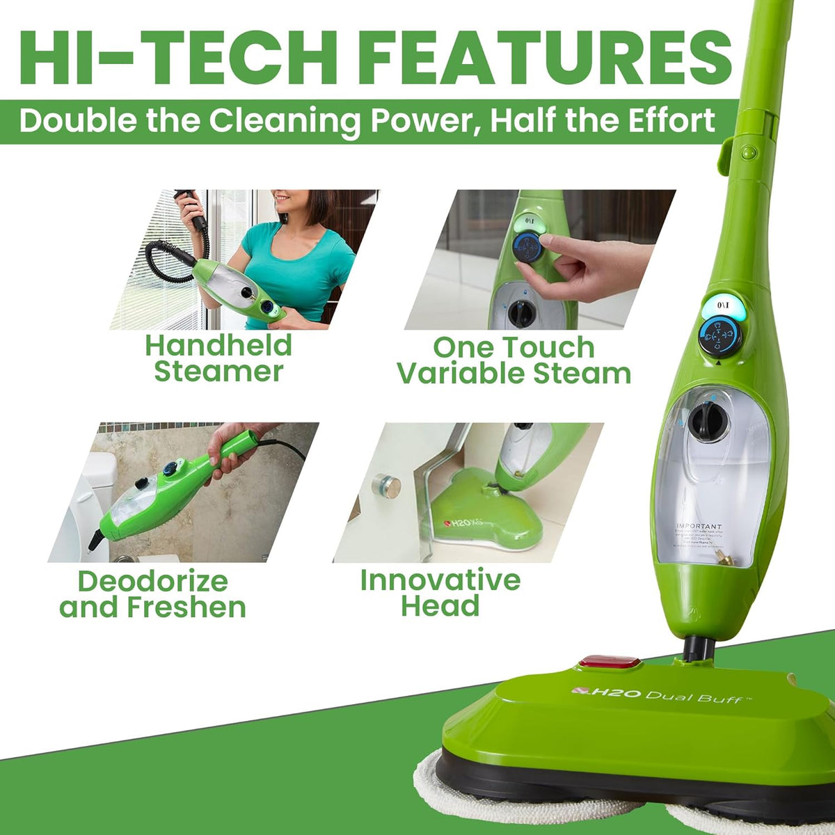 H2O X5 Dual Buff Steam Mop, 8 in 1 Handheld Steam Cleaner For Kitchen Tile Floors, Hardwood Floors