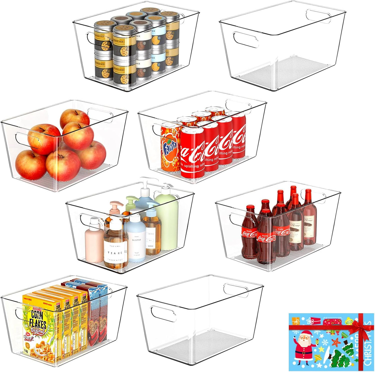8 Pack Large Clear Plastic Storage Bins, Refrigerator Cabinet Organizers with Handles for Pantry