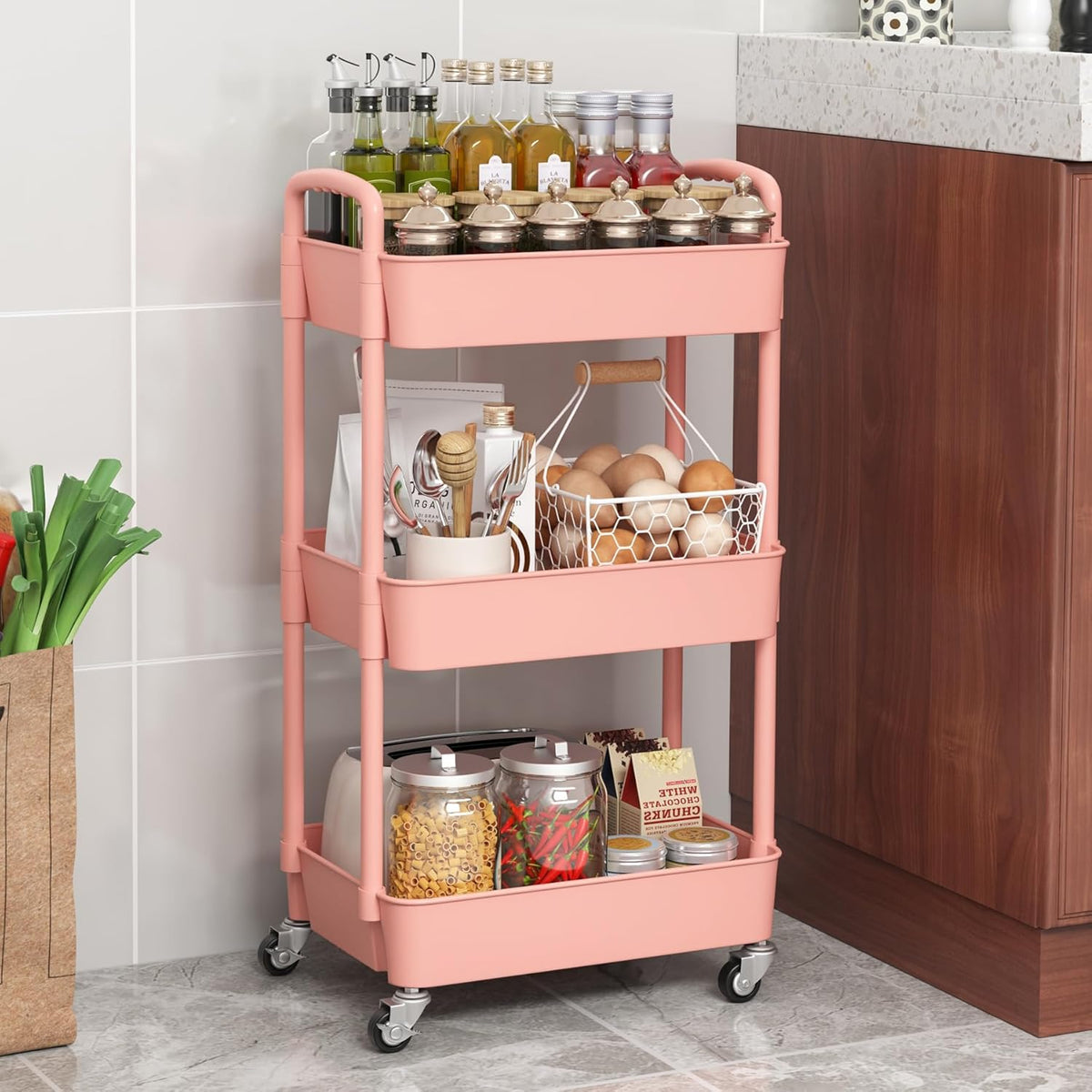 Sywhitta 3-Tier Plastic Rolling Utility Cart with Handle, Multi-Functional Storage Trolley for
