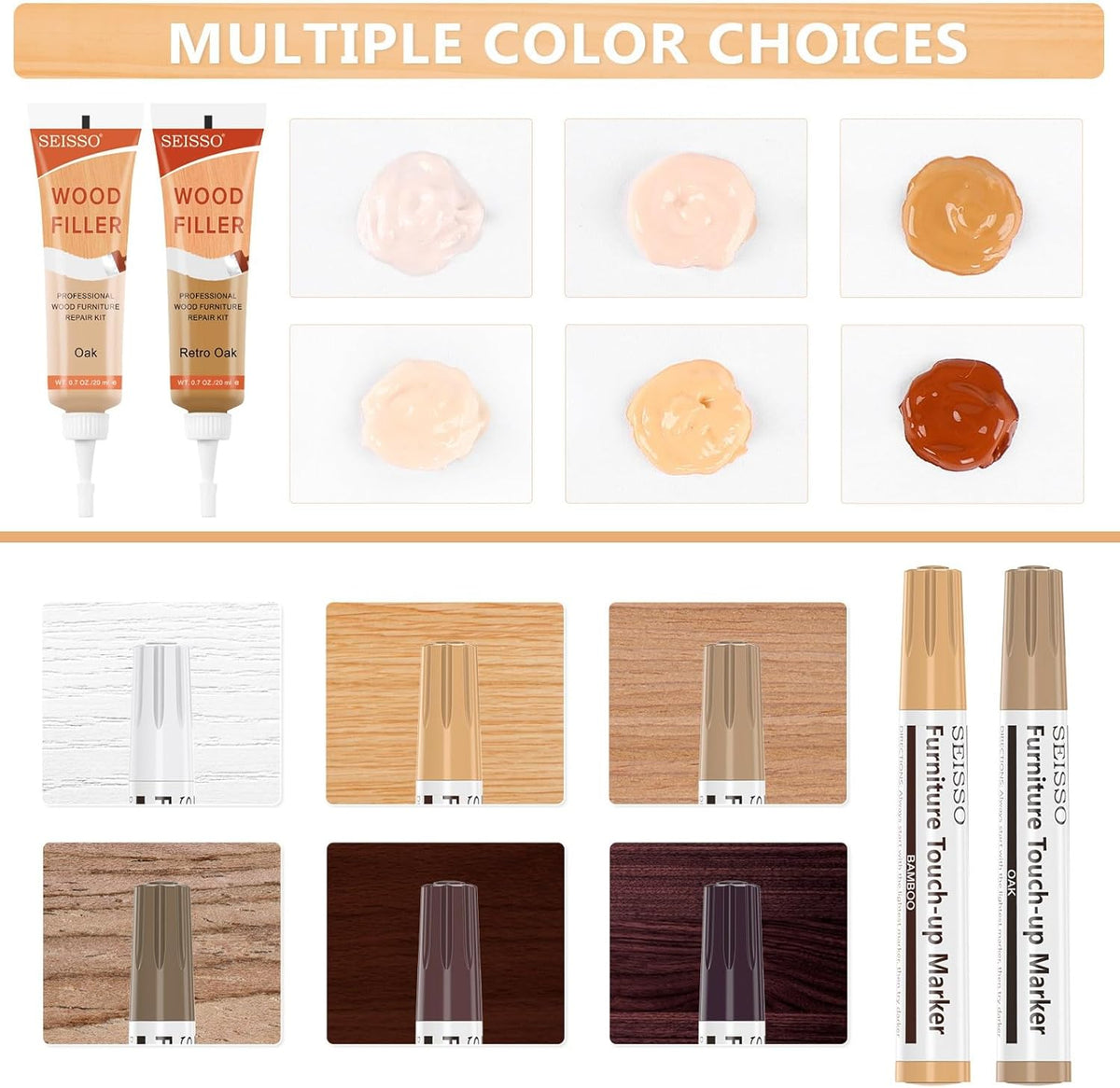 Wood Furniture Repair Kit - 6 Oak Color Wood Fillers with 6 Touch Up Markers and Wood Polish Wax