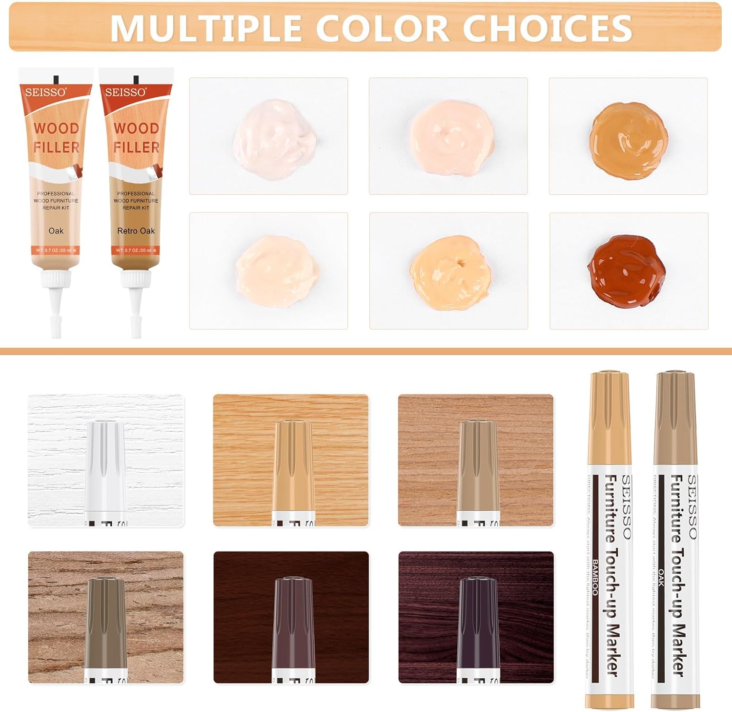 Wood Furniture Repair Kit - 6 Oak Color Wood Fillers with 6 Touch Up Markers and Wood Polish Wax