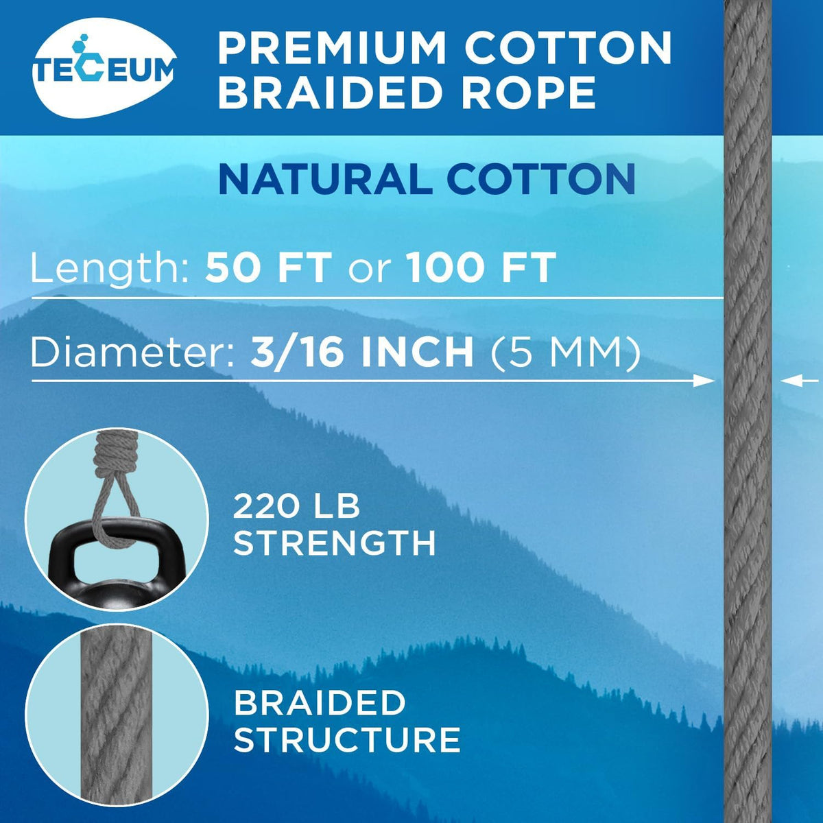 TECEUM Cotton Rope 3/16” (5 mm) – 100 FT – Strong All-Purpose Braided Rope – Natural Cotton – for