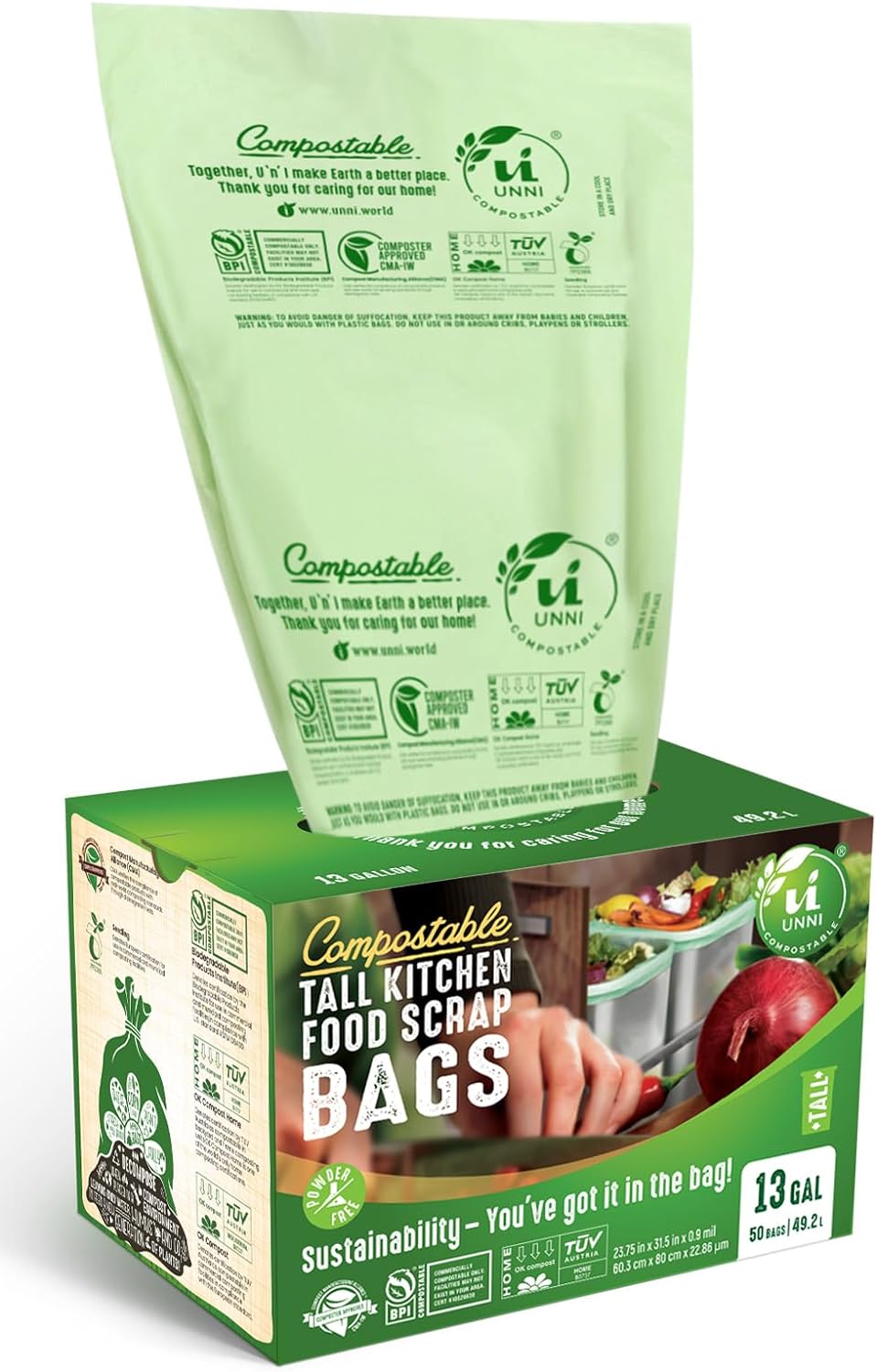 UNNI Compostable Trash Bags, 13 Gallon / 49.2 Liter, 100 Count, Extra Thick 0.9 Mil Tall Kitchen