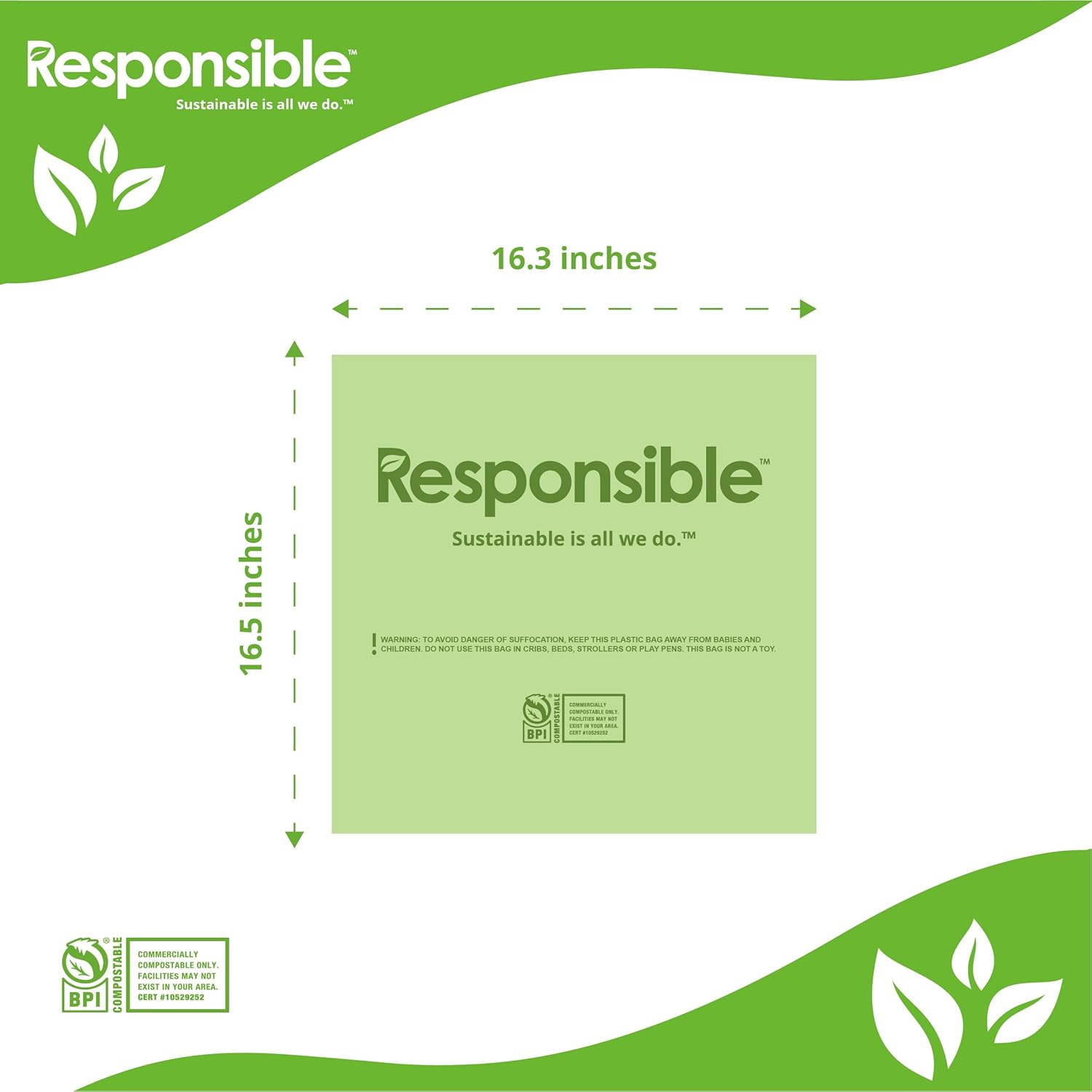 Responsible Products Kitchen Bin Liners, Certified Compostable, Heavy Duty Multipurpose Food Scrap