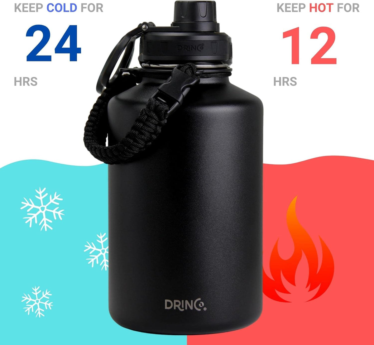 DRINCO Stainless Steel Water Bottle Spout Lid Vacuum Insulated Double Wall Water Bottles Wide Mouth