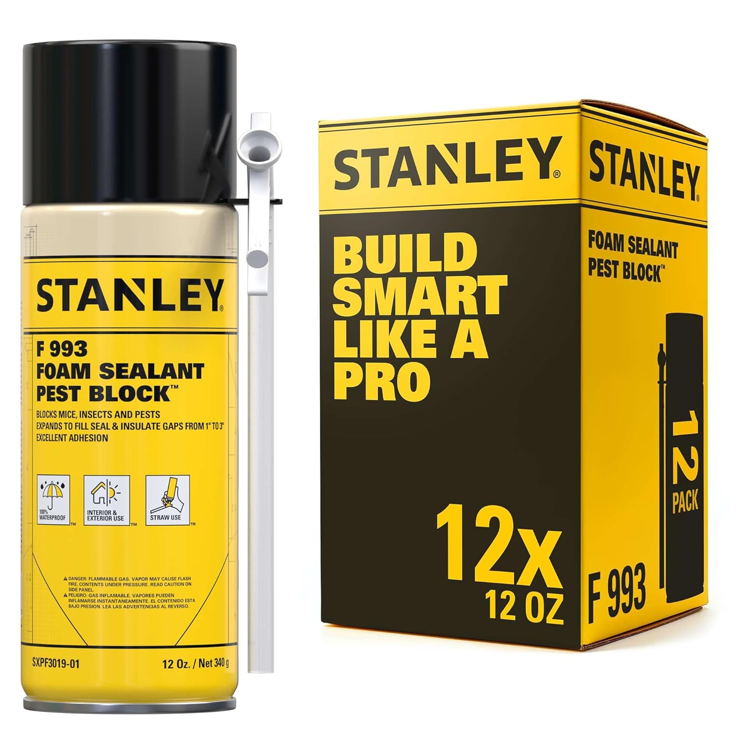 Stanley F993 Expanding Foam Sealant Spray – (12x12oz) Gaps & Cracks Filler, PestBlocker for