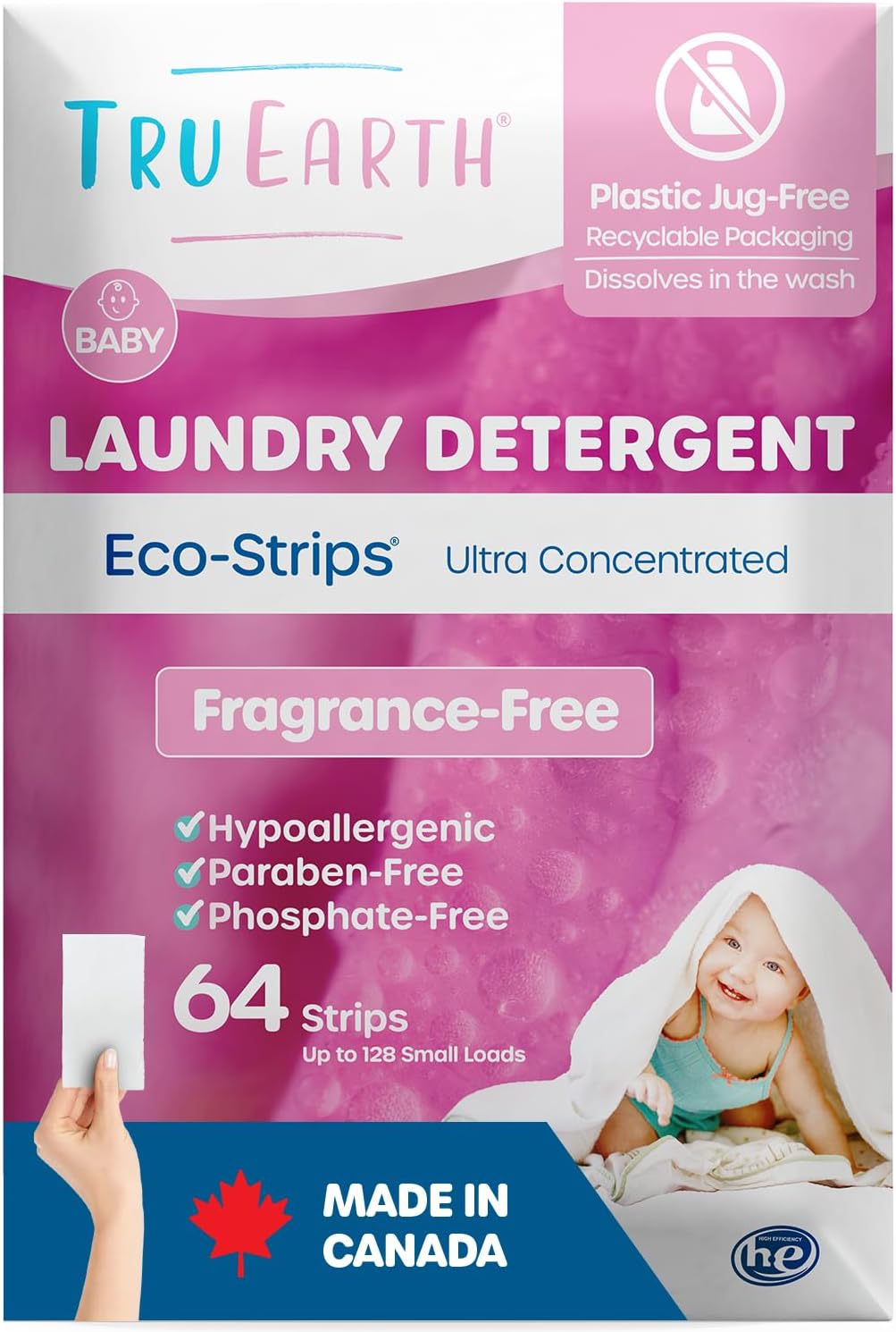 Tru Earth Hypoallergenic Baby Laundry Detergent Sheets/Strips for Sensitive Skin, 64 Count, Up to