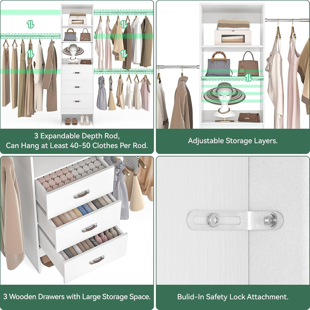 96'' Closet Organizer System with 3 Hanging Rods (Without 3 Storage Shelves), 8FT Closet Systems