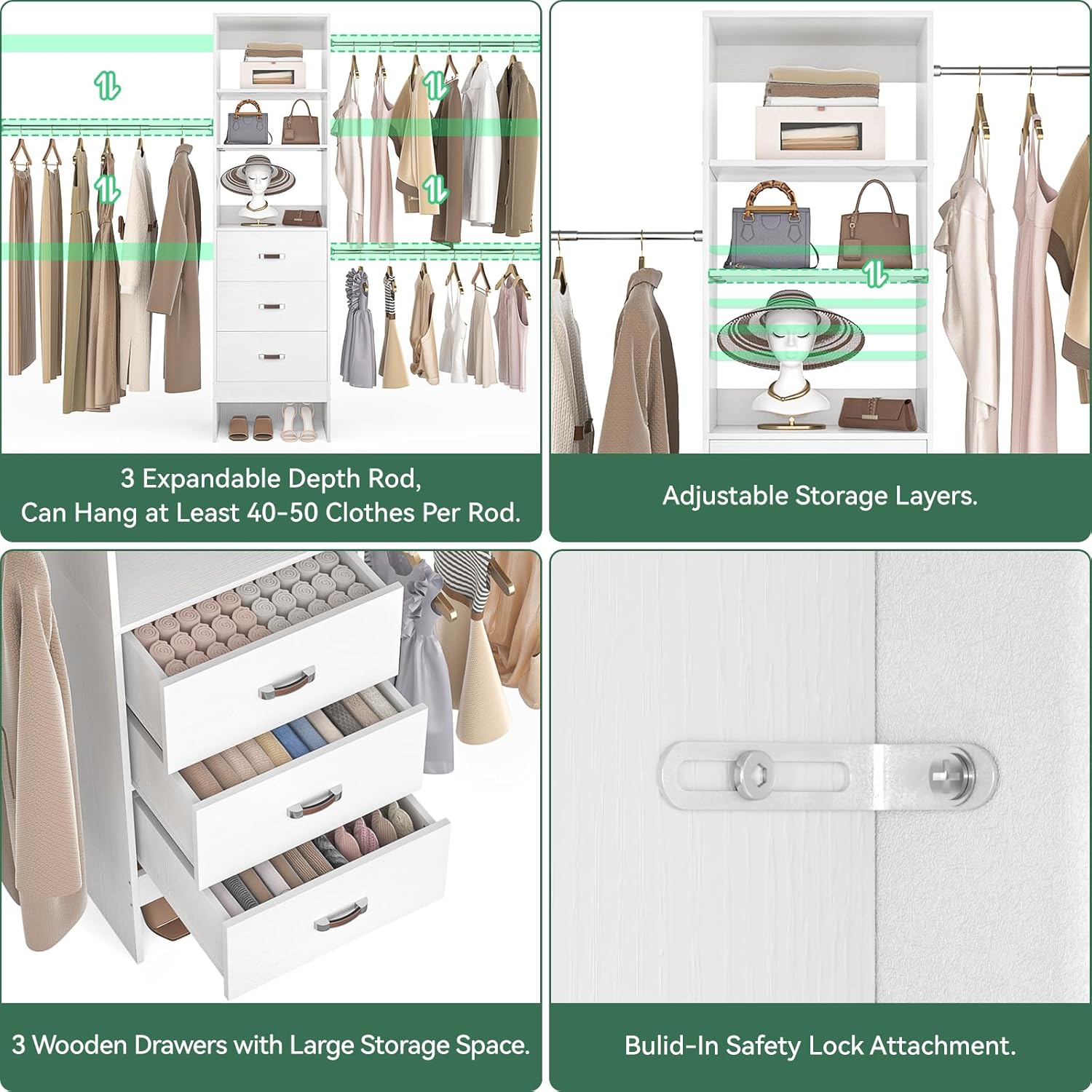 96'' Closet Organizer System with 3 Hanging Rods (Without 3 Storage Shelves), 8FT Closet Systems