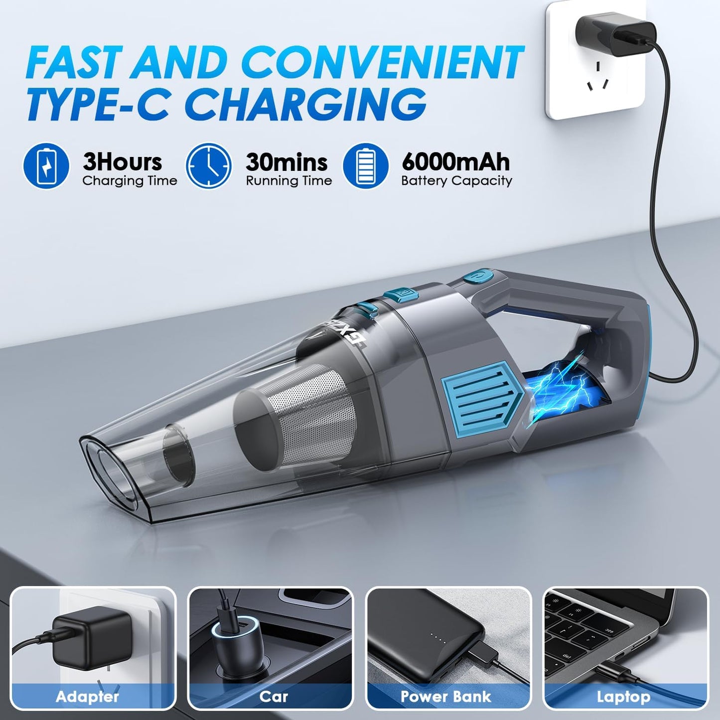 Handheld Vacuum Cordless, 15000PA Strong Suction Hand Held Car Vacuum Cleaner Rechargeable