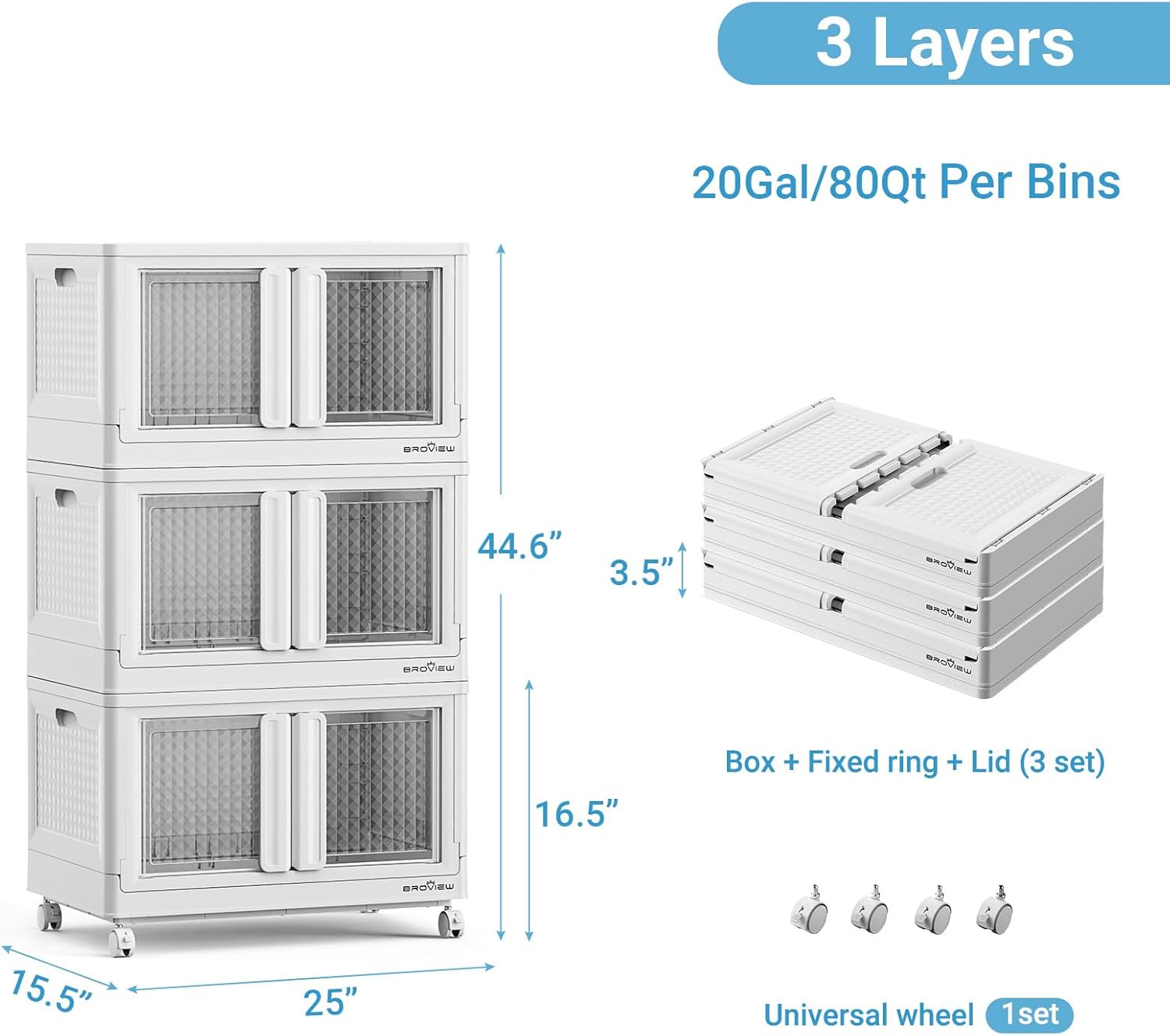 BROVIEW 300 Qt Stackable Storage Bins with Lids & Doors, 3 Pack Plastic Closet Organizer and
