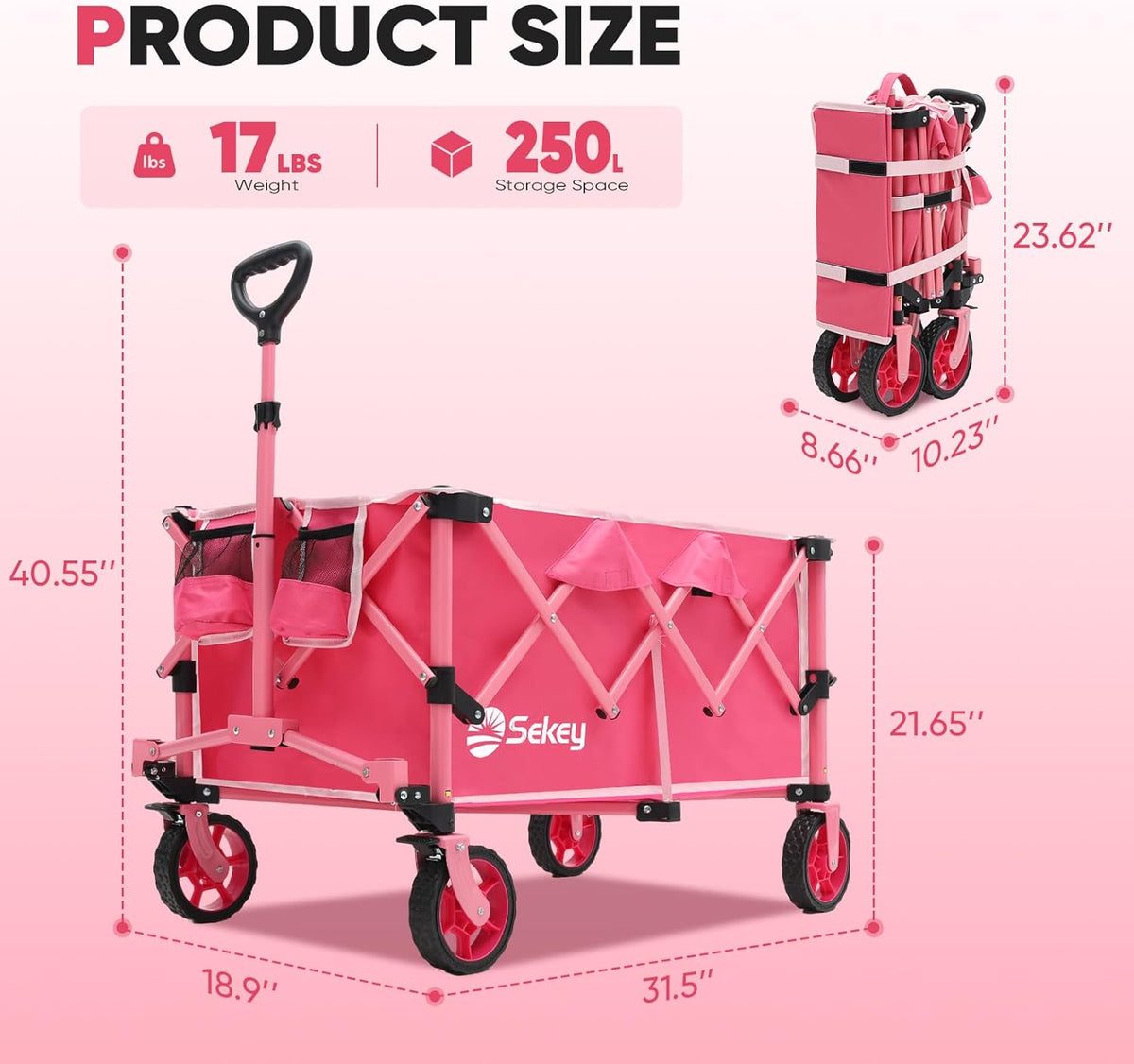 Sekey Pink Collapsible Foldable Wagon with 330lbs Weight Capacity, Heavy Duty Folding Wagon Cart