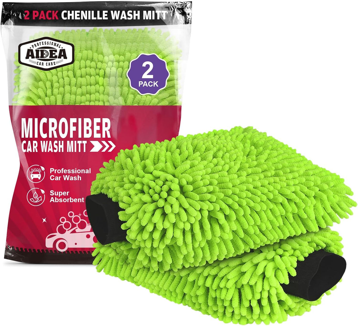AIDEA Car Wash Mitt Microfiber, 2PK-Scratch-Free& Lint-Free, Premium Chenille Microfiber Wash