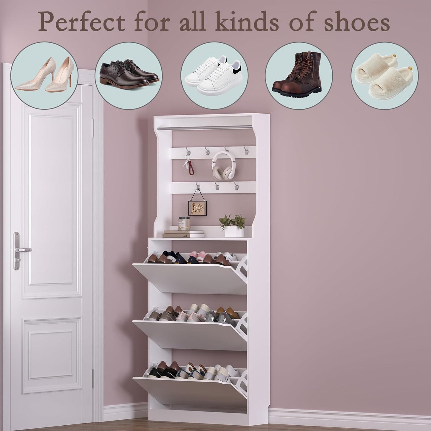 Shoe Cabinet with 3 Flip Drawers & Coat Rack, Narrow Hidden Shoe Storage Cabinet, 2-in-1 Hall Tree