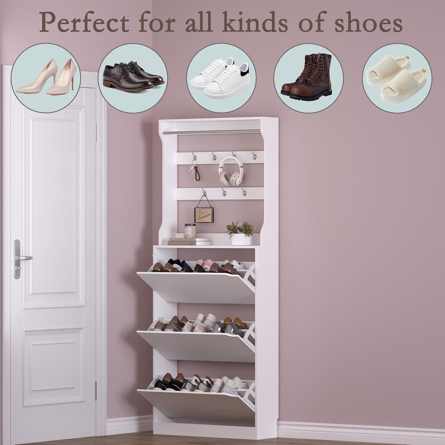 Shoe Cabinet with 3 Flip Drawers & Coat Rack, Narrow Hidden Shoe Storage Cabinet, 2-in-1 Hall Tree