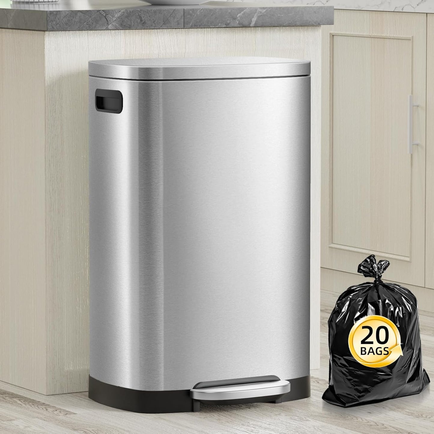 13 Gallon Trash Can with Lid, 50L Fingerprint Proof Stainless Steel Kitchen Trash Can with