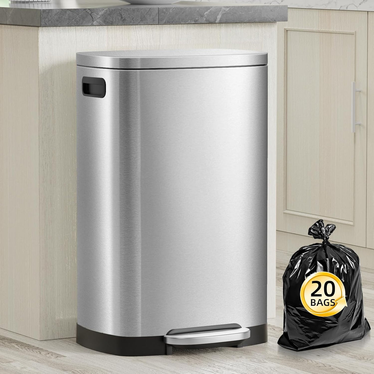 13 Gallon Trash Can with Lid, 50L Fingerprint Proof Stainless Steel Kitchen Trash Can with