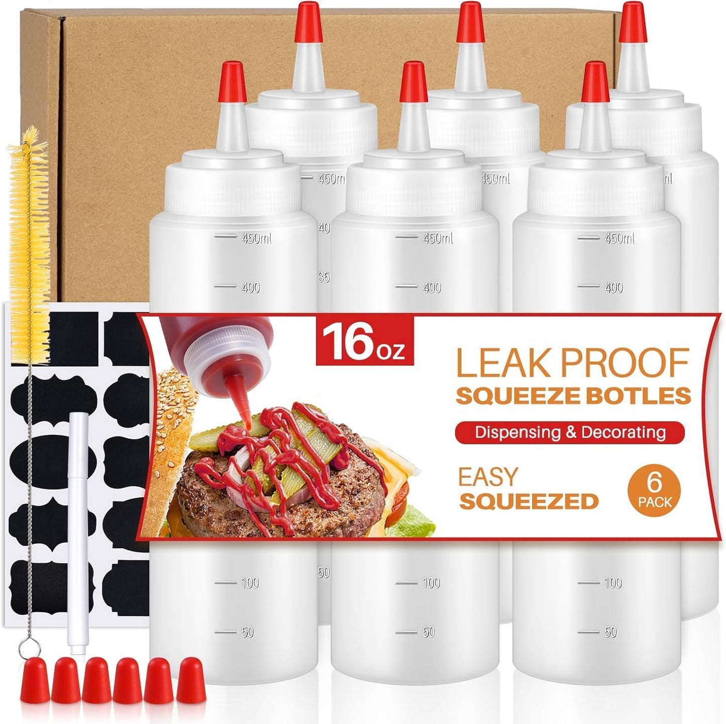 Squeeze Bottles, 16oz Leak-Proof Wide Mouth Condiment Squeeze Bottles for Liquids Sauces Ketchup