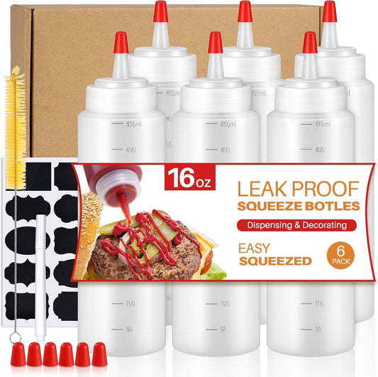 Squeeze Bottles, 16oz Leak-Proof Wide Mouth Condiment Squeeze Bottles for Liquids Sauces Ketchup