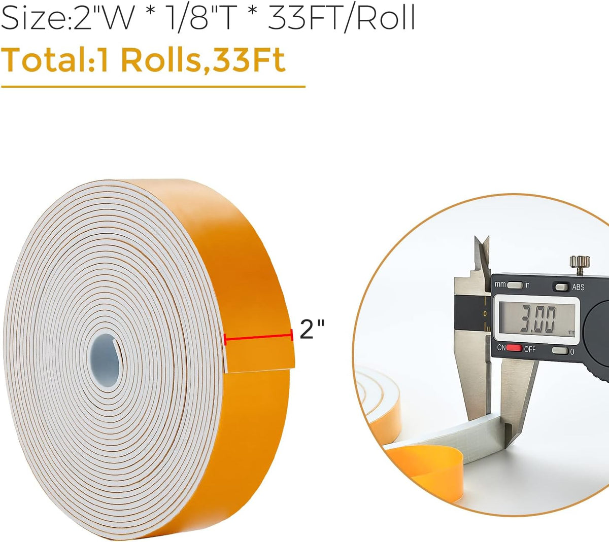 33 Feet Weather Stripping Door Seal, 2" Wide X 1/8" Thick Door Seal Strip High Density Foam Tape