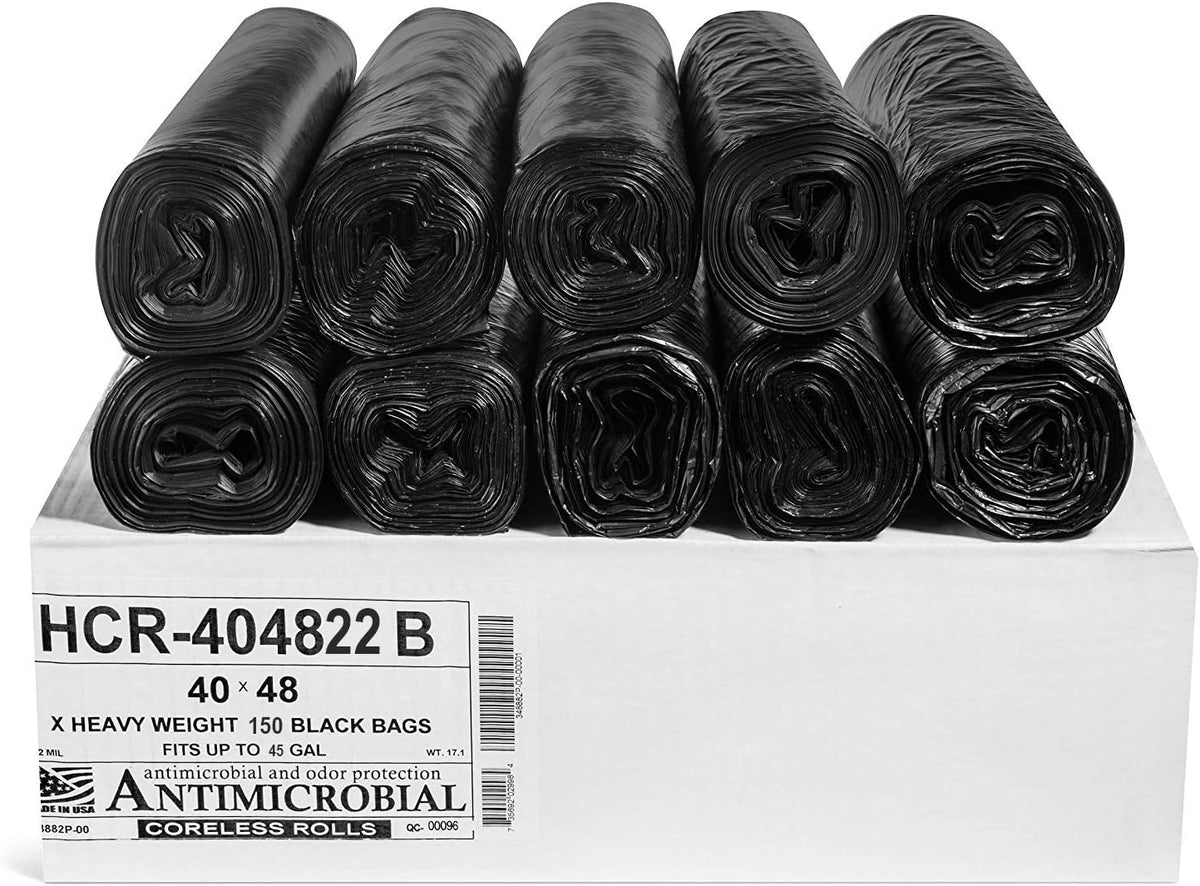 Aluf Plastics High Density Trash Bags, 45 Gallon, 150 Count, 22 Micron (eq), 40" x 48", Black, for