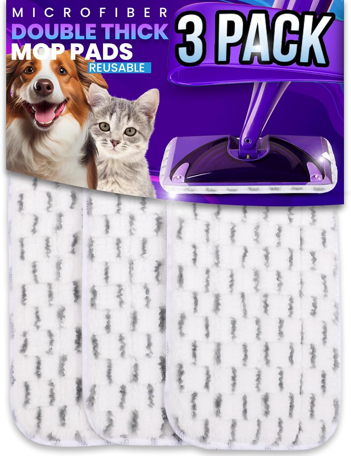 3pcs of Universal 11-inch Velcro Type Reusable Floor Mop Pads Compatible with Swiffer Wet Jet
