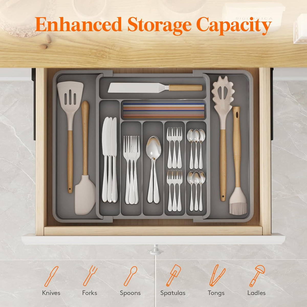 Lifewit Silverware Drawer Organizer, Expandable Utensil Organizer for Kitchen Drawers, Adjustable