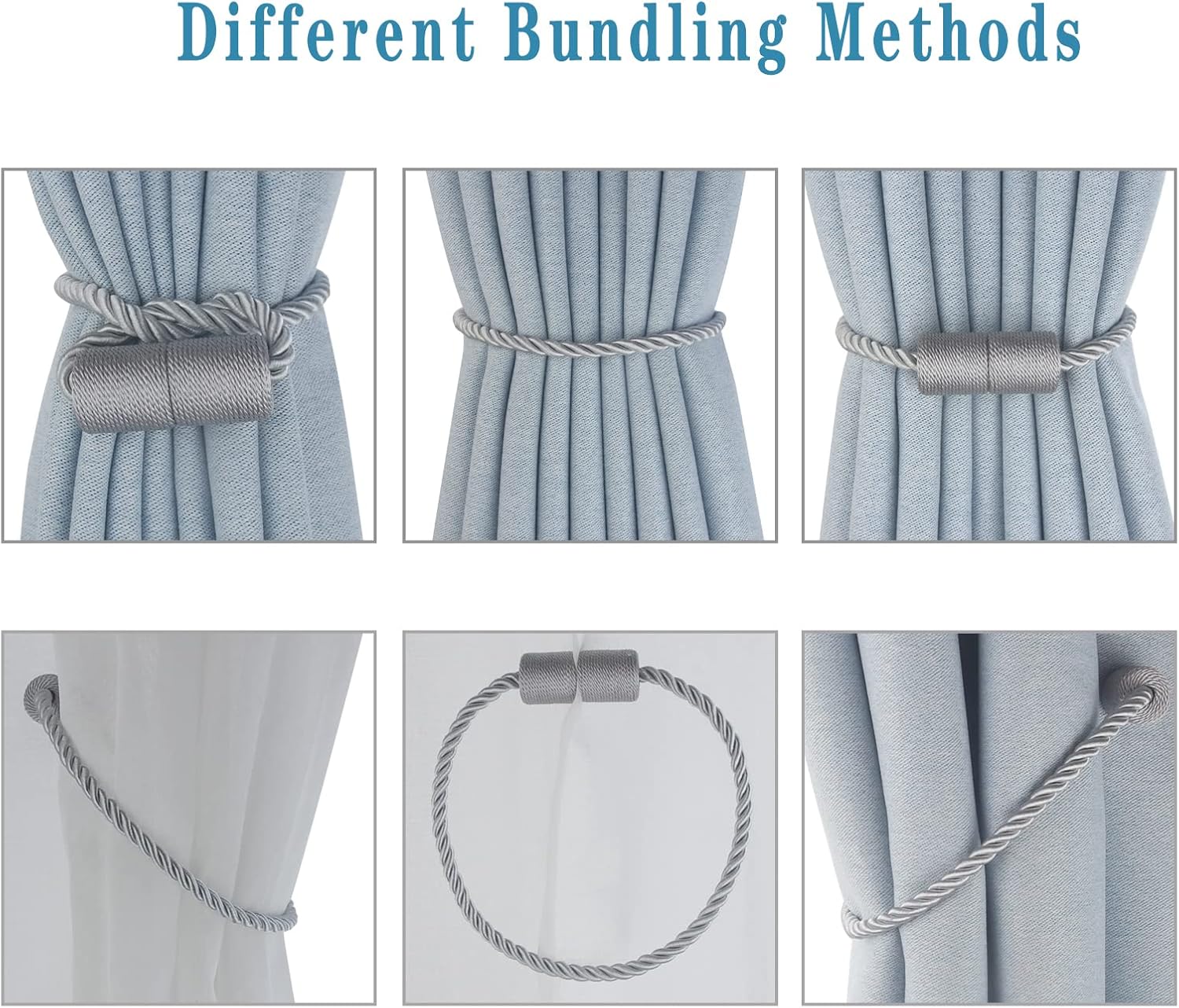 Magnetic Curtain Tiebacks 4 Pack Grey Curtain Rope Tieback Curtain Holders for Drapes Modern Tie