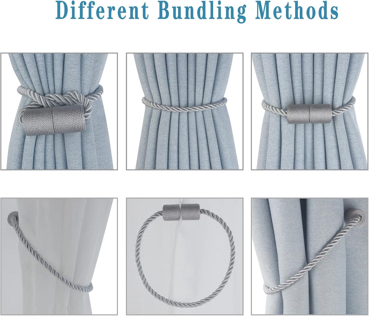 Magnetic Curtain Tiebacks 2 Pack Grey Curtain Rope Tieback Curtain Holders for Drapes Modern Tie