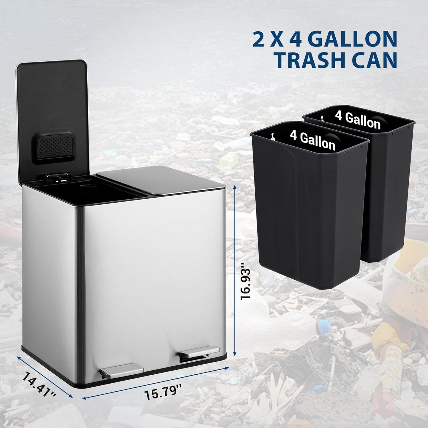 GarveeHome Dual Trash Can, 2x4 Gallon (2x15L) Stainless Steel Step Trash Can, Rectangular Garbage