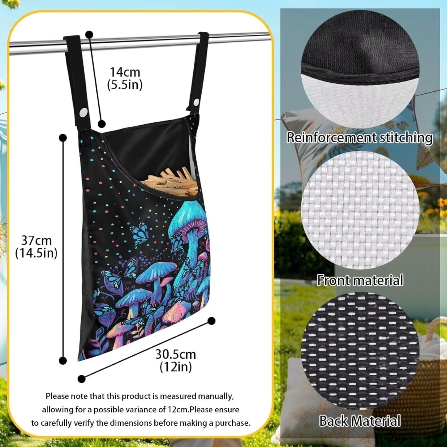 Blue Mushroom Adjustable Door-Hanging Laundry Clothespin Bag Clothespin Storage Bag Laundry