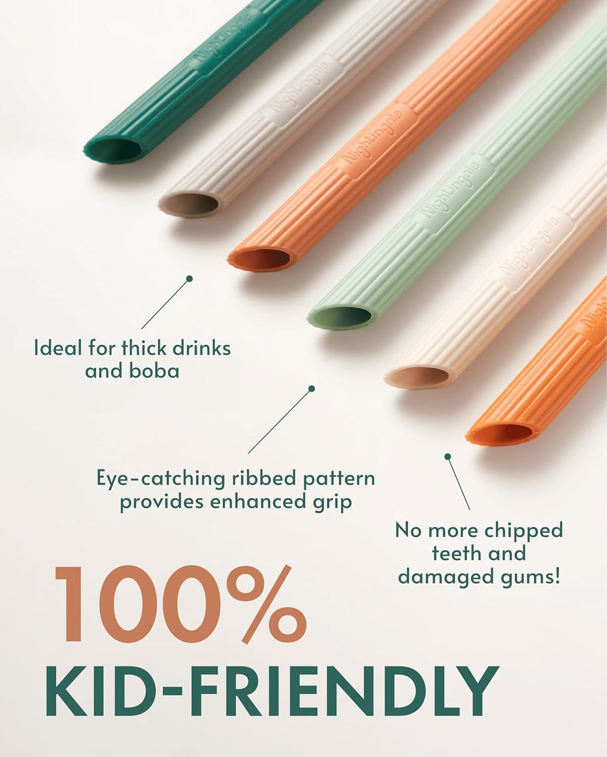Nightingale Silicone Smoothie Straws - Flexible, Reusable Wide Drinking Straw with Cleaning Brush