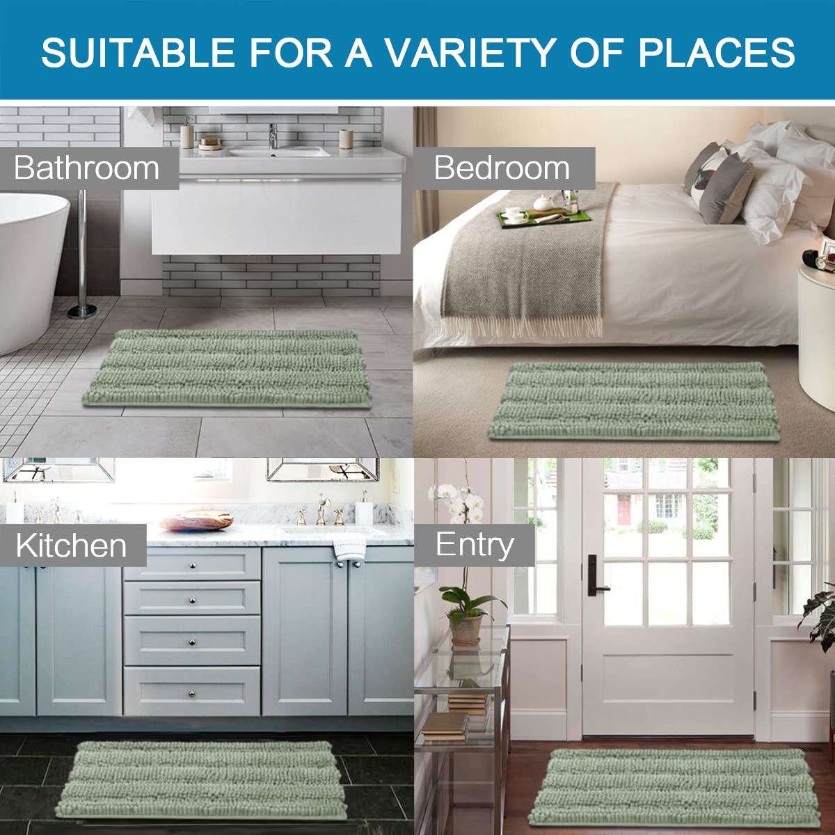 H.VERSAILTEX Sage Bathroom Rugs, Bath Mat Set of 2 Extra Thick Chenille Striped Pattern Shaggy Bath