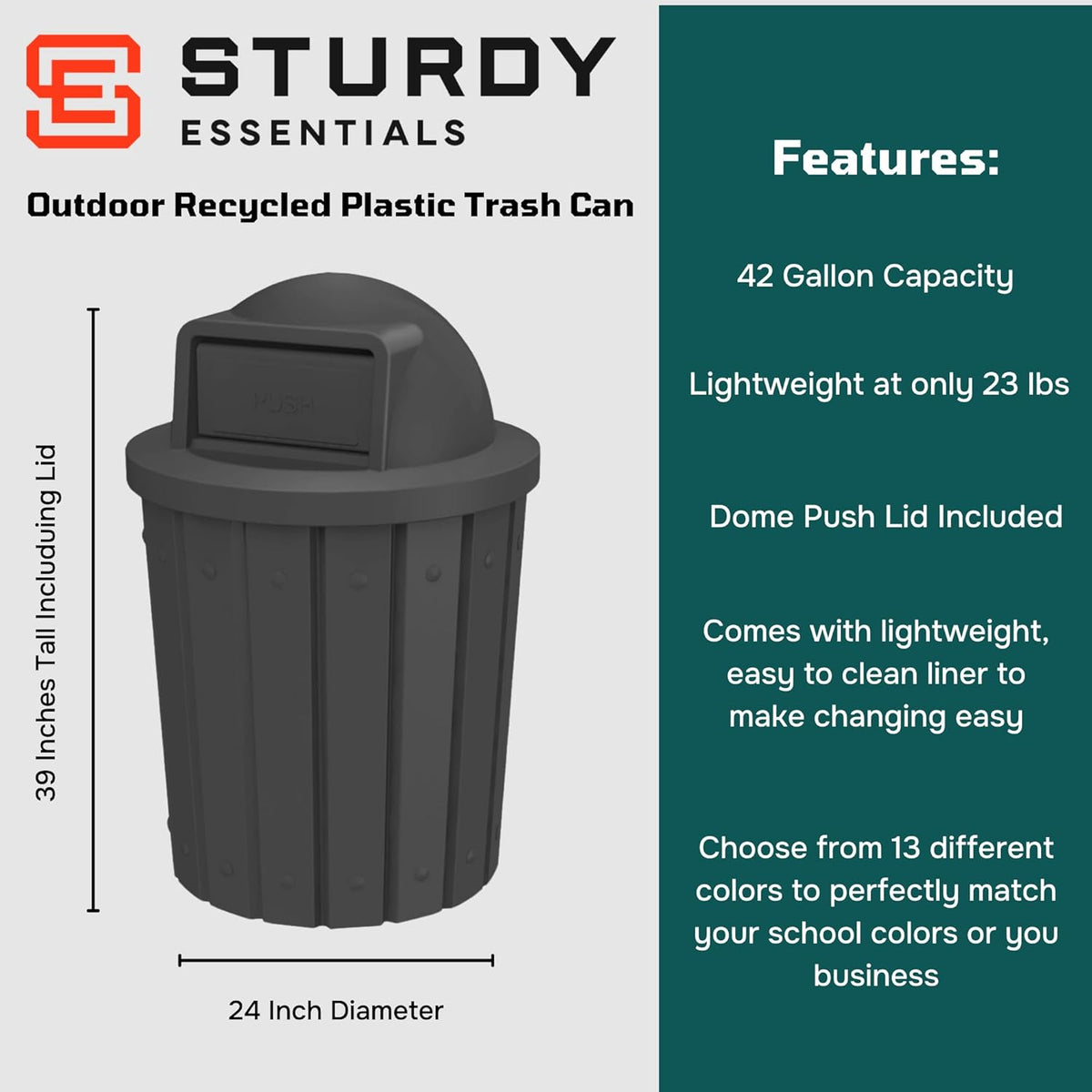 42 Gallon Slatted Circle 100% Recycled Plastic Commercial Outdoor and Indoor Trash Can with Push