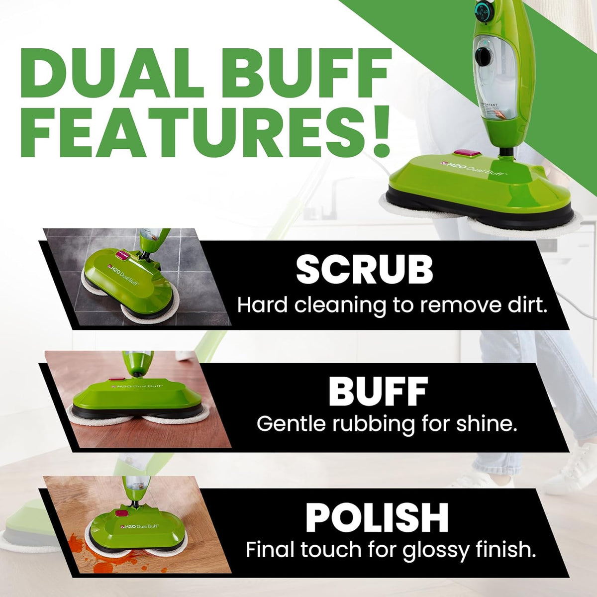 H2O X5 Dual Buff Steam Mop, 8 in 1 Handheld Steam Cleaner For Kitchen Tile Floors, Hardwood Floors