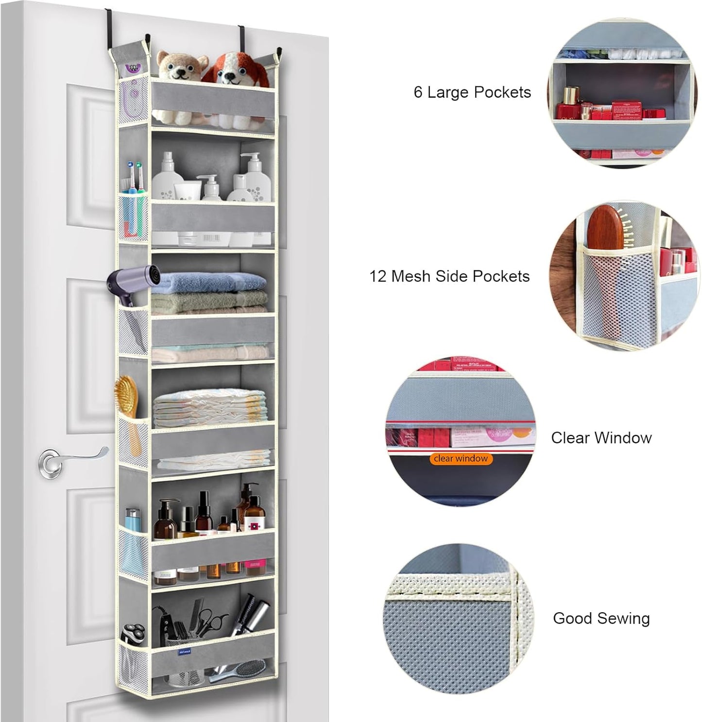 Over The Door Organizer 6-Shelves and 12 Side Pockets, Over The Door Storage for Bathroom Bedroom