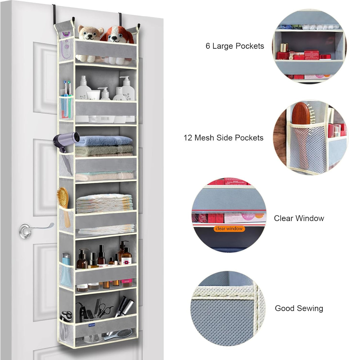 Over The Door Organizer 6-Shelves and 12 Side Pockets, Over The Door Storage for Bathroom Bedroom