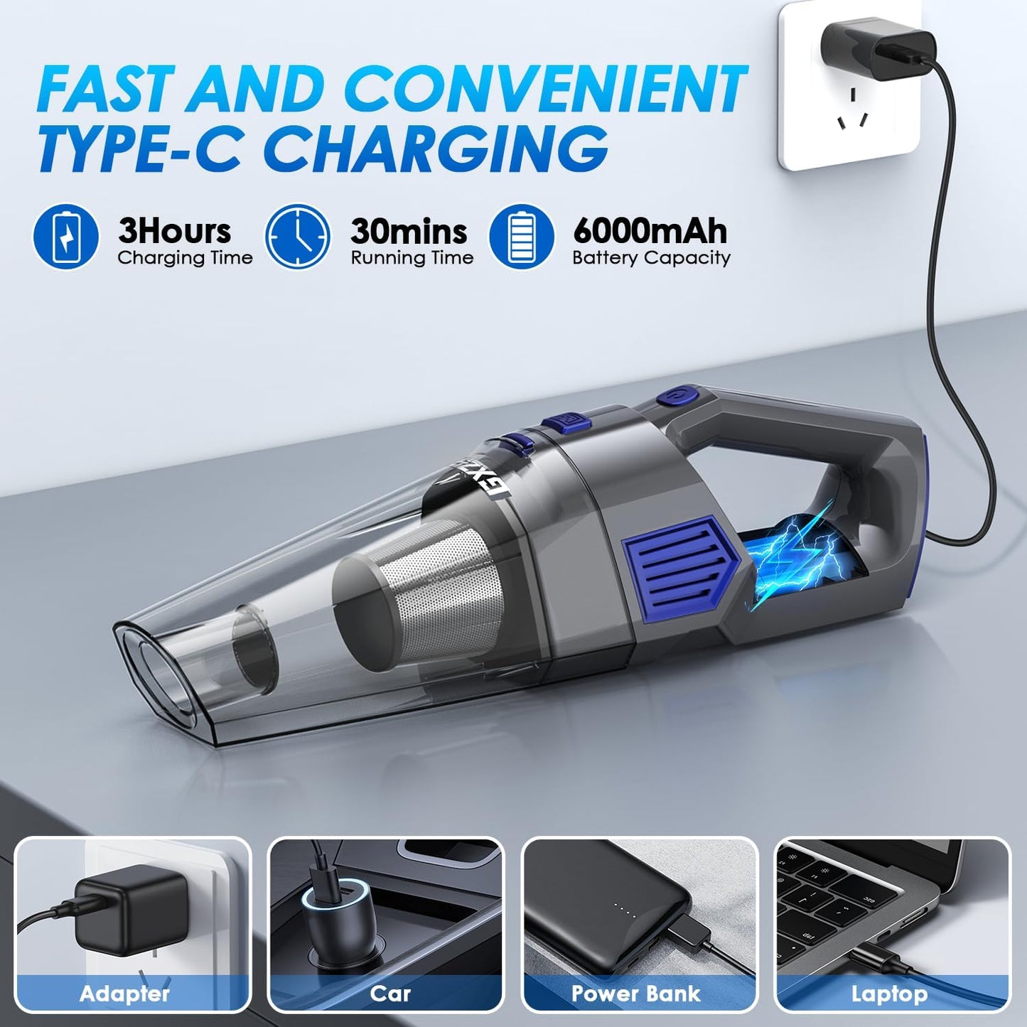 Handheld Vacuum Cordless, 15000PA Strong Suction Hand Held Car Vacuum Cleaner Rechargeable