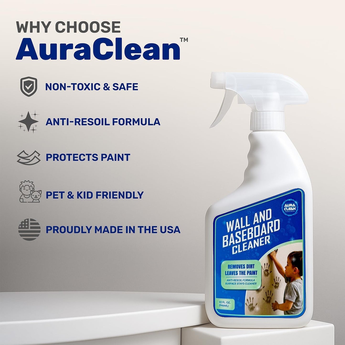 Wall & Baseboard Cleaner - Safe for Painted Walls & Trim | Eco-Friendly, No-Rinse, Kid & Pet-Safe |