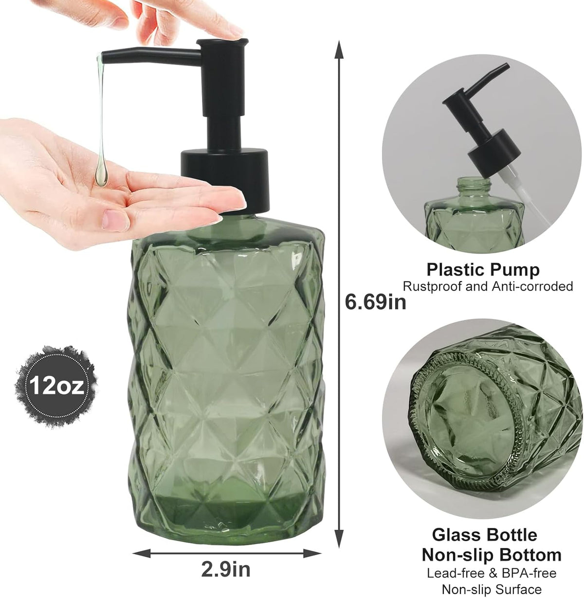 Green Glass Soap Dispenser, 12oz Bathroom Hand Dispenser, Lotion Dispenser with Black Plastic Pump