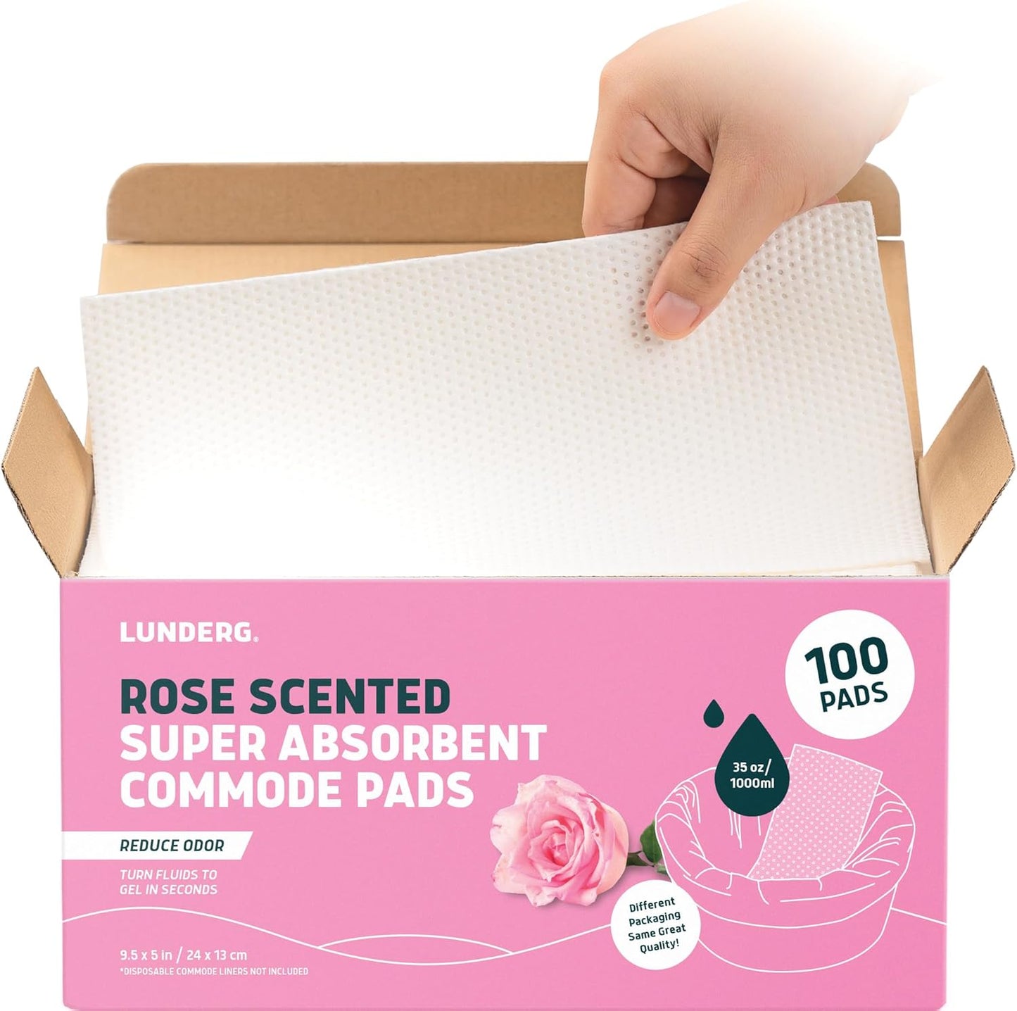 Lunderg Rose Scented Super Absorbent Commode Pads - Medical Grade Value Pack 100 Count - for