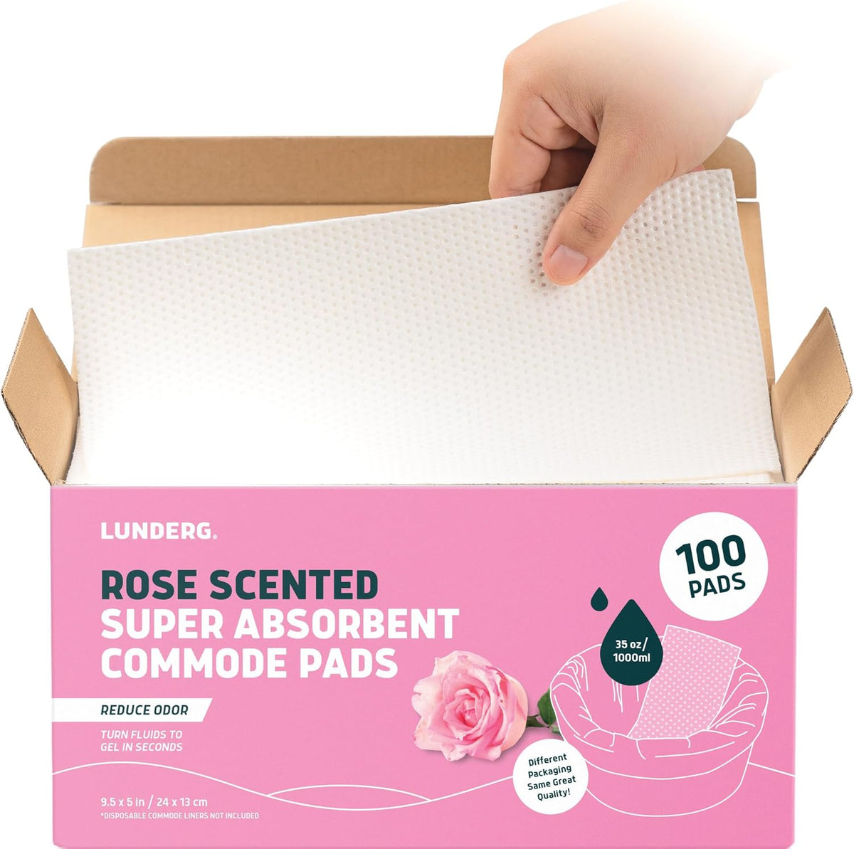 Lunderg Rose Scented Super Absorbent Commode Pads - Medical Grade Value Pack 100 Count - for