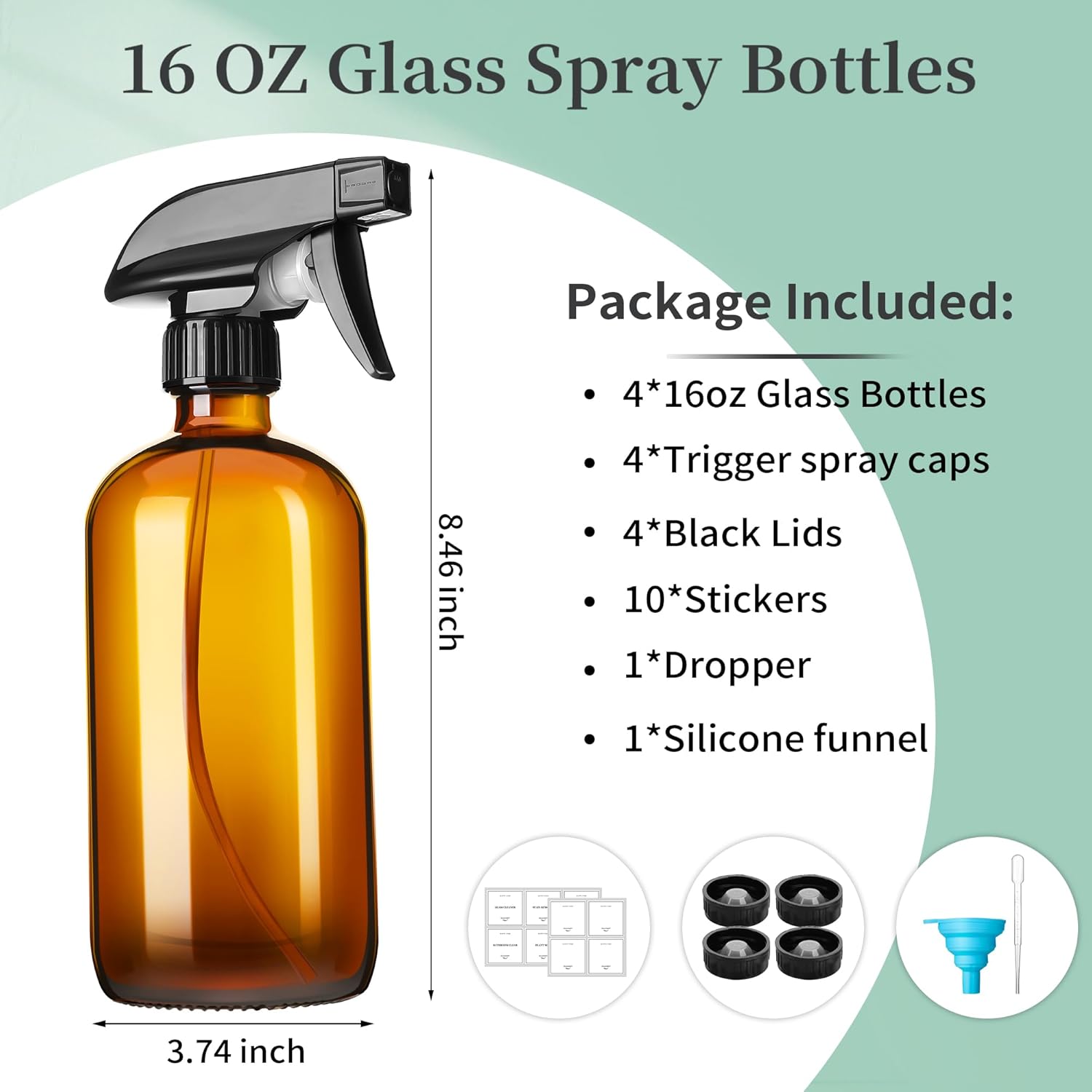 16oz Amber Glass Spray Bottles,4 Pack Glass Spray Bottles Refillable Empty Bottle with Adjustable